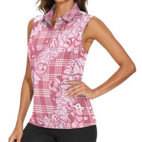 Pink Palaka Hawaii Cowboy Christmas Women Sleeveless Polo Shirt Paniolo Mix Maile Lei - Polynesian Pride