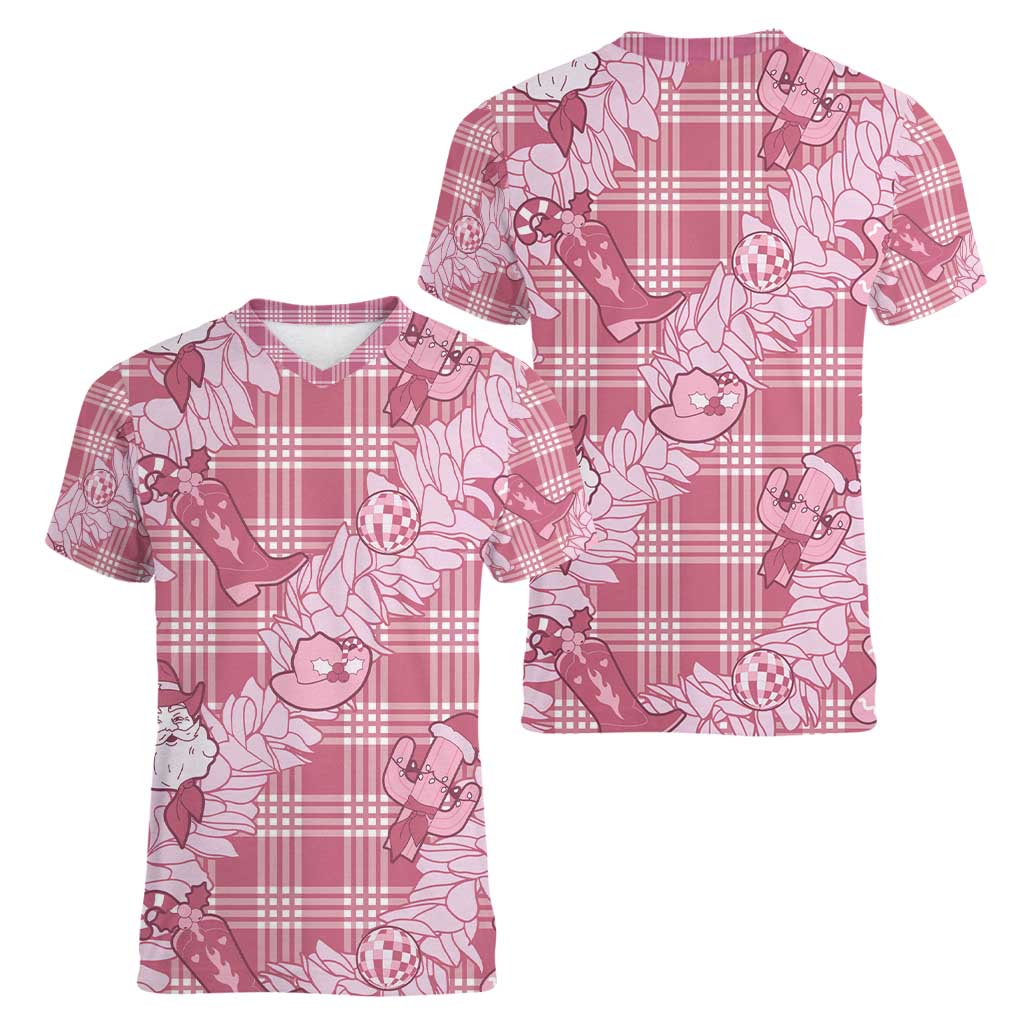 Pink Palaka Hawaii Cowboy Christmas Women V-Neck T-Shirt Paniolo Mix Maile Lei - Polynesian Pride