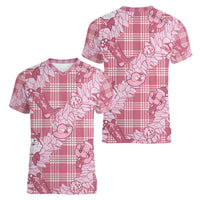 Pink Palaka Hawaii Cowboy Christmas Women V-Neck T-Shirt Paniolo Mix Maile Lei - Polynesian Pride