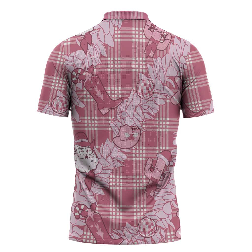 Pink Palaka Hawaii Cowboy Christmas Zipper Polo Shirt Paniolo Mix Maile Lei - Polynesian Pride