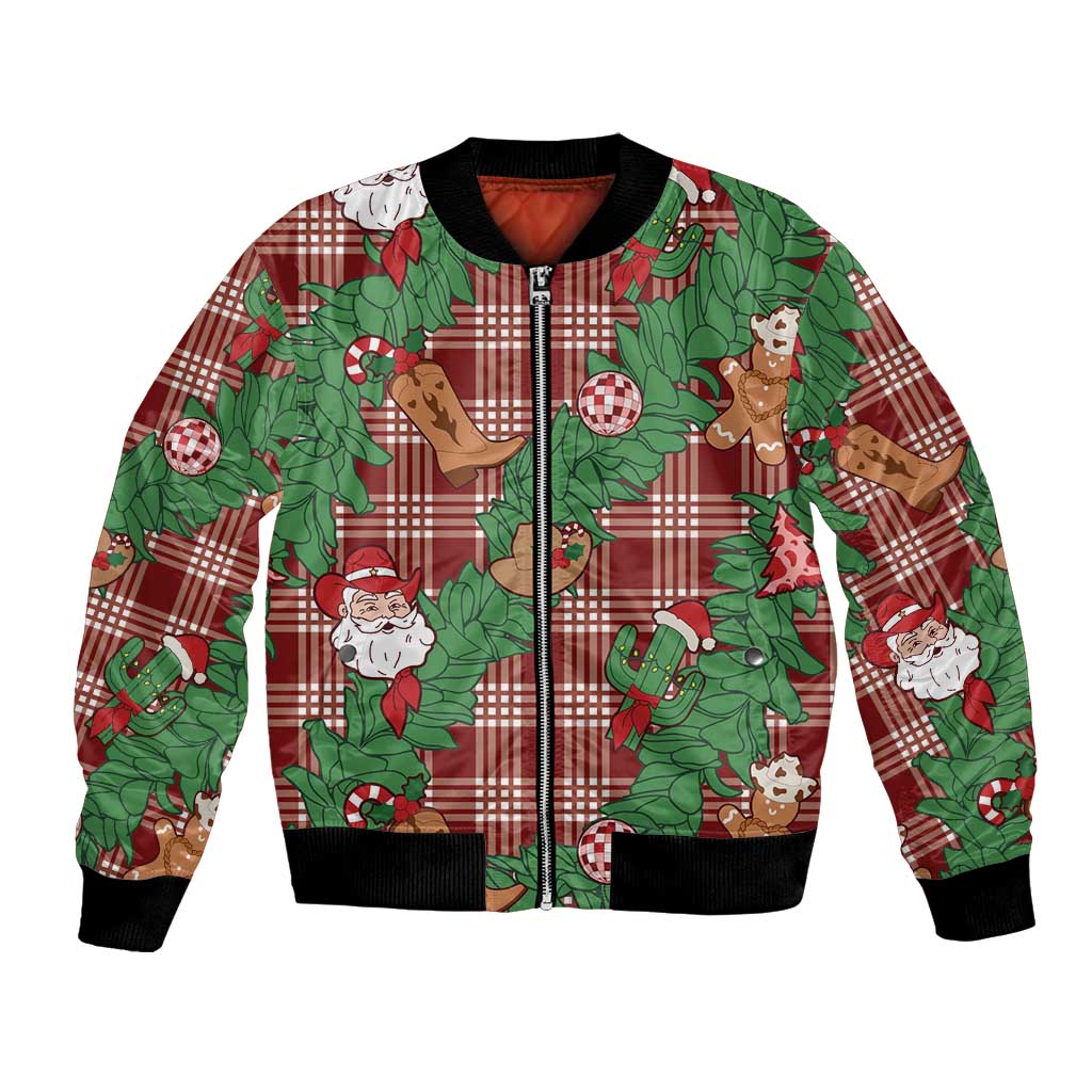 Red Palaka Hawaii Cowboy Christmas Bomber Jacket Paniolo Mix Maile Lei - Polynesian Pride