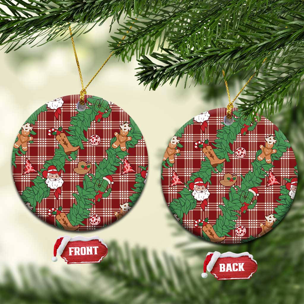 Red Palaka Hawaii Cowboy Christmas Ceramic Ornament Paniolo Mix Maile Lei - Polynesian Pride