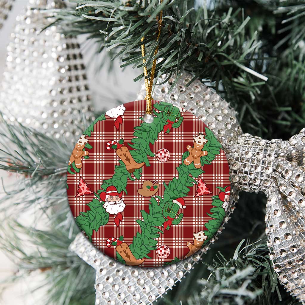 Red Palaka Hawaii Cowboy Christmas Ceramic Ornament Paniolo Mix Maile Lei - Polynesian Pride