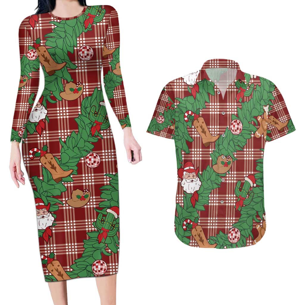 Red Palaka Hawaii Cowboy Christmas Couples Matching Long Sleeve Bodycon Dress and Hawaiian Shirt Paniolo Mix Maile Lei LT7 Red - Polynesian Pride