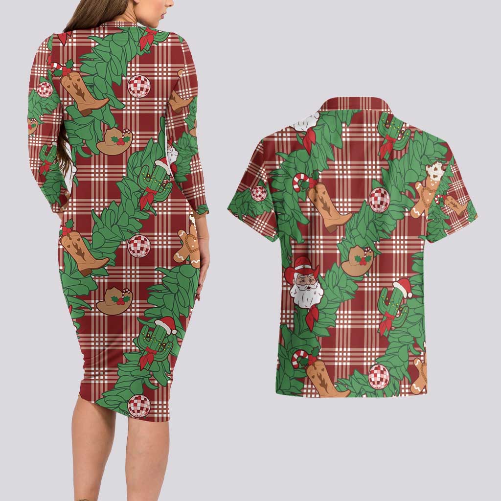 Red Palaka Hawaii Cowboy Christmas Couples Matching Long Sleeve Bodycon Dress and Hawaiian Shirt Paniolo Mix Maile Lei LT7 - Polynesian Pride