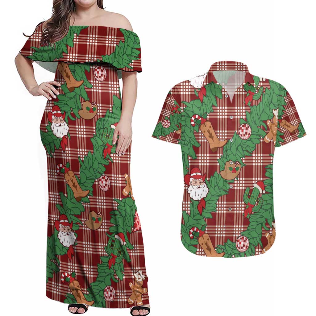 Red Palaka Hawaii Cowboy Christmas Couples Matching Off Shoulder Maxi Dress and Hawaiian Shirt Paniolo Mix Maile Lei LT7 Red - Polynesian Pride