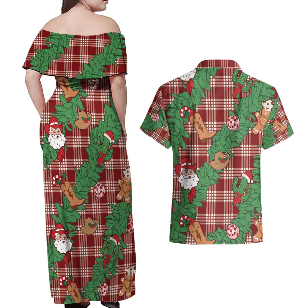 Red Palaka Hawaii Cowboy Christmas Couples Matching Off Shoulder Maxi Dress and Hawaiian Shirt Paniolo Mix Maile Lei LT7 - Polynesian Pride