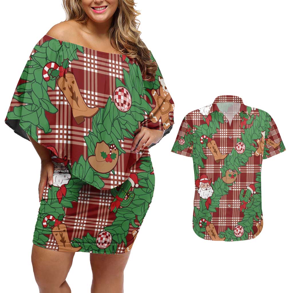 Red Palaka Hawaii Cowboy Christmas Couples Matching Off Shoulder Short Dress and Hawaiian Shirt Paniolo Mix Maile Lei - Polynesian Pride