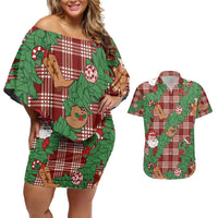 Red Palaka Hawaii Cowboy Christmas Couples Matching Off Shoulder Short Dress and Hawaiian Shirt Paniolo Mix Maile Lei LT7 Red - Polynesian Pride