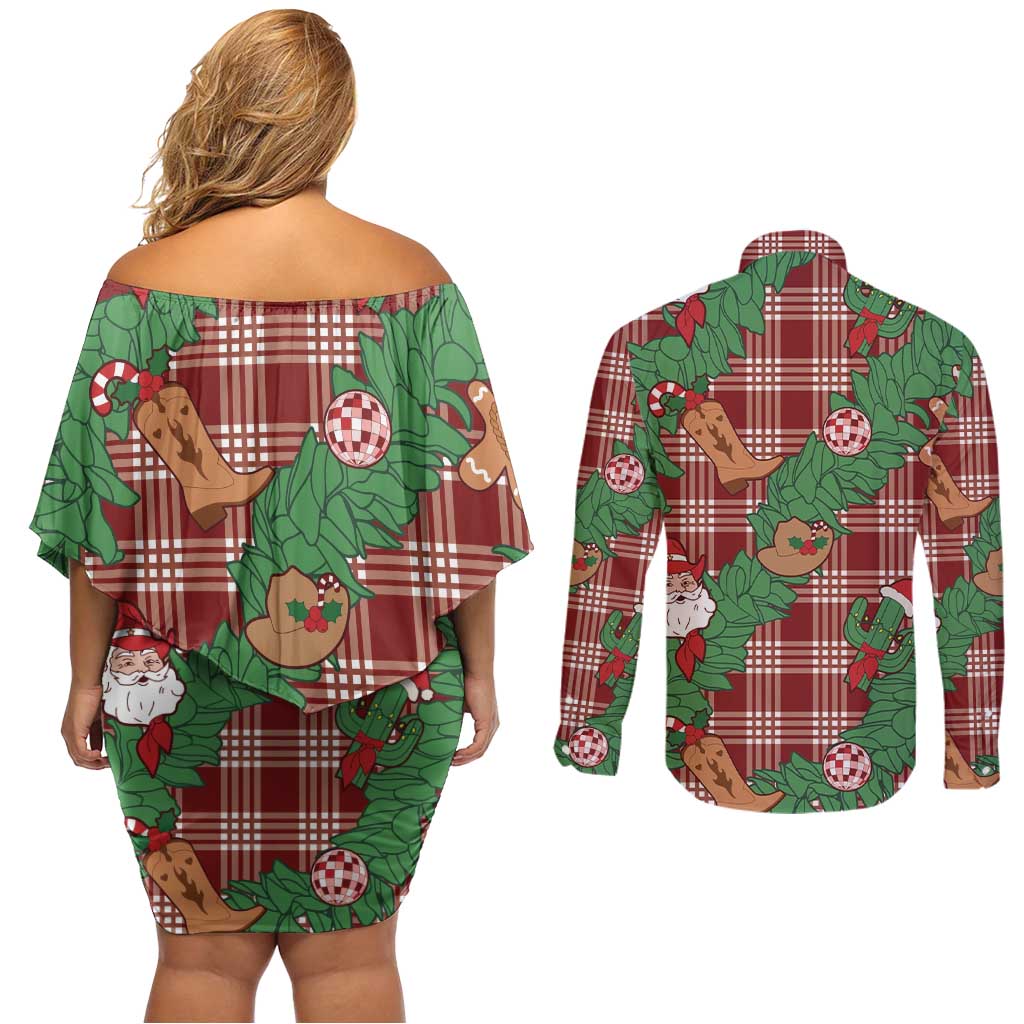 Red Palaka Hawaii Cowboy Christmas Couples Matching Off Shoulder Short Dress and Long Sleeve Button Shirt Paniolo Mix Maile Lei - Polynesian Pride