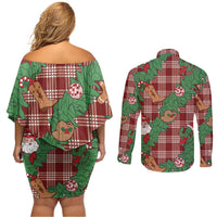 Red Palaka Hawaii Cowboy Christmas Couples Matching Off Shoulder Short Dress and Long Sleeve Button Shirt Paniolo Mix Maile Lei - Polynesian Pride