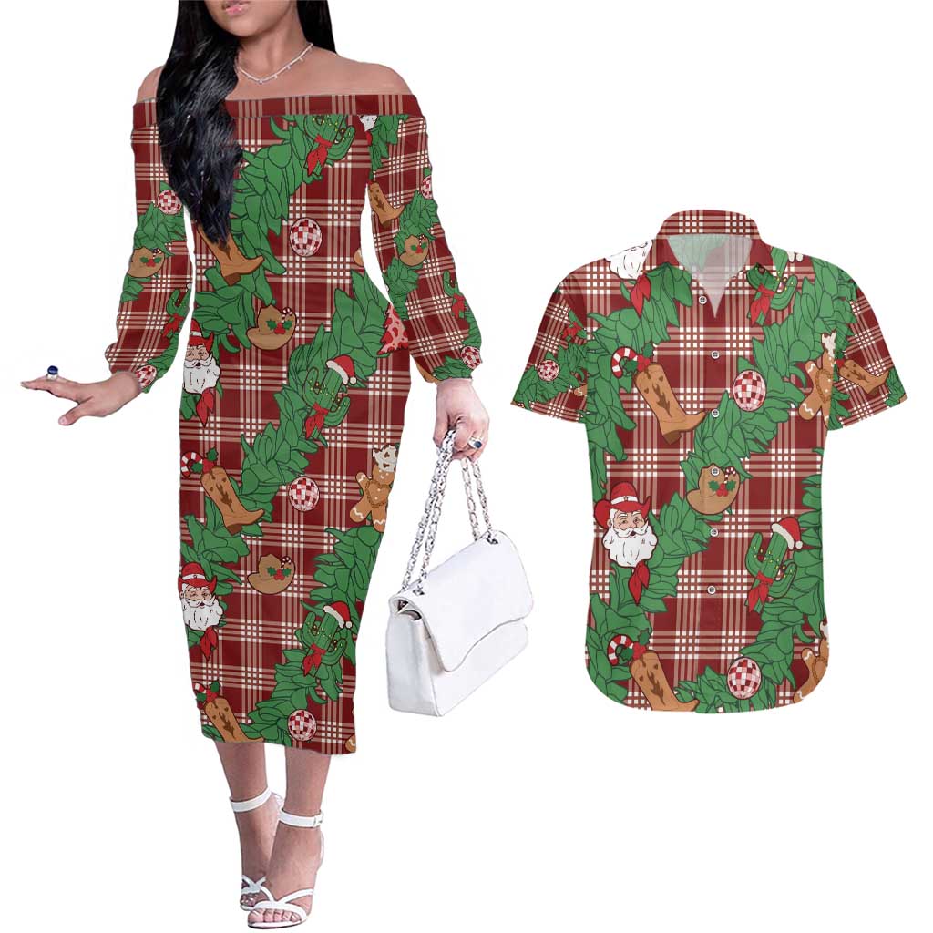 Red Palaka Hawaii Cowboy Christmas Couples Matching Off The Shoulder Long Sleeve Dress and Hawaiian Shirt Paniolo Mix Maile Lei - Polynesian Pride