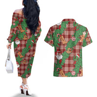 Red Palaka Hawaii Cowboy Christmas Couples Matching Off The Shoulder Long Sleeve Dress and Hawaiian Shirt Paniolo Mix Maile Lei LT7 - Polynesian Pride