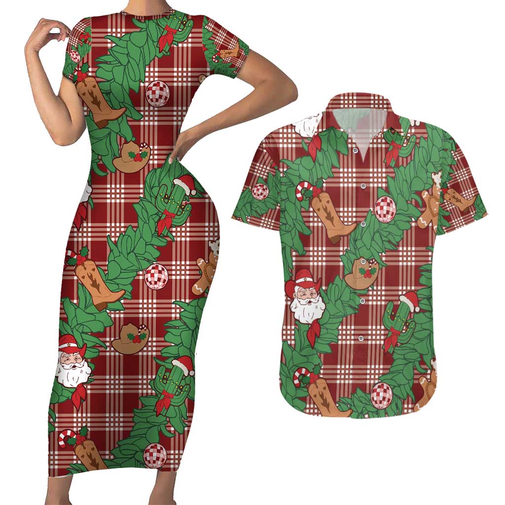 Red Palaka Hawaii Cowboy Christmas Couples Matching Short Sleeve Bodycon Dress and Hawaiian Shirt Paniolo Mix Maile Lei LT7 Red - Polynesian Pride