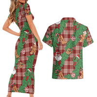 Red Palaka Hawaii Cowboy Christmas Couples Matching Short Sleeve Bodycon Dress and Hawaiian Shirt Paniolo Mix Maile Lei LT7 - Polynesian Pride