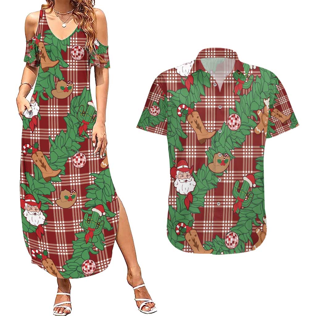 Red Palaka Hawaii Cowboy Christmas Couples Matching Summer Maxi Dress and Hawaiian Shirt Paniolo Mix Maile Lei LT7 Red - Polynesian Pride
