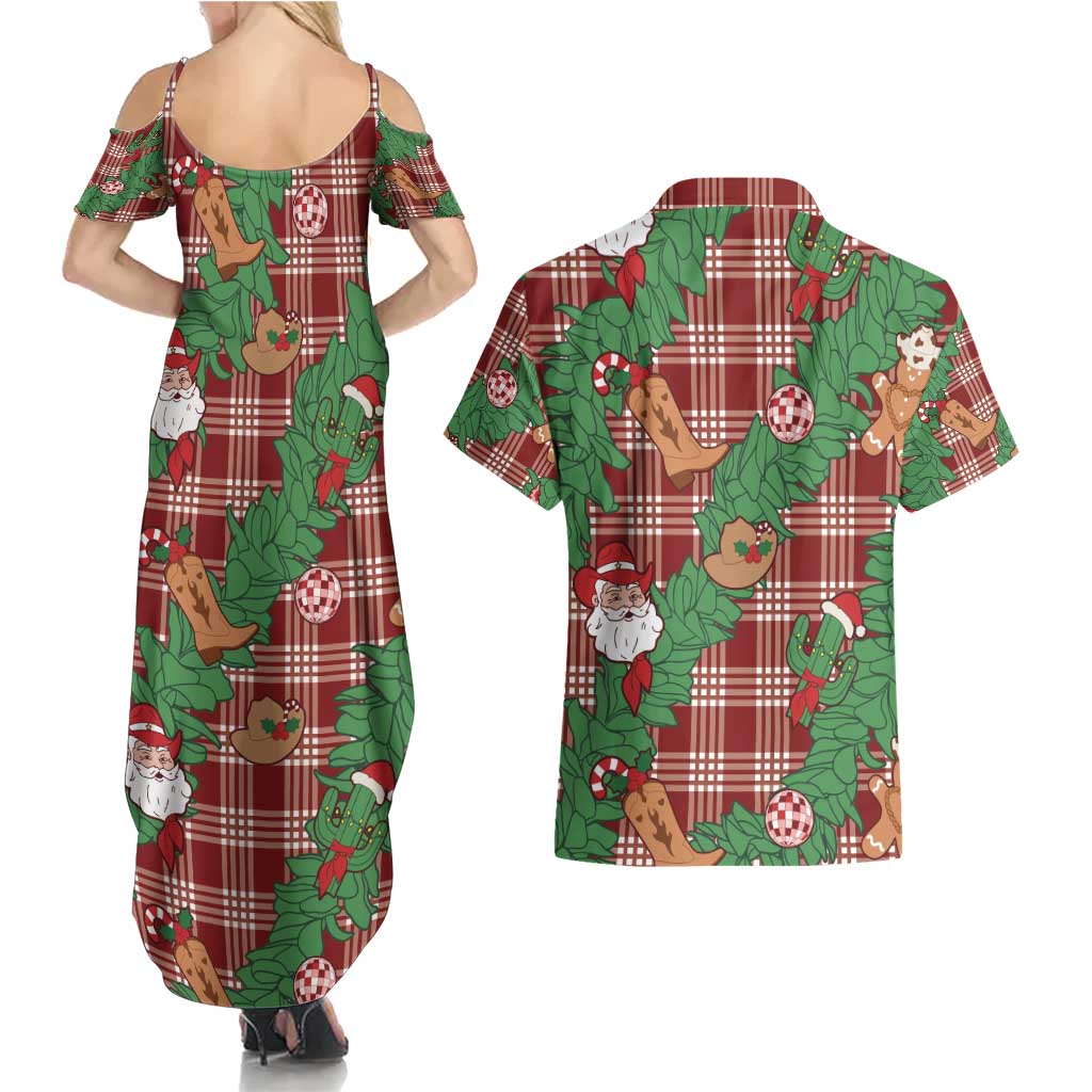 Red Palaka Hawaii Cowboy Christmas Couples Matching Summer Maxi Dress and Hawaiian Shirt Paniolo Mix Maile Lei LT7 - Polynesian Pride