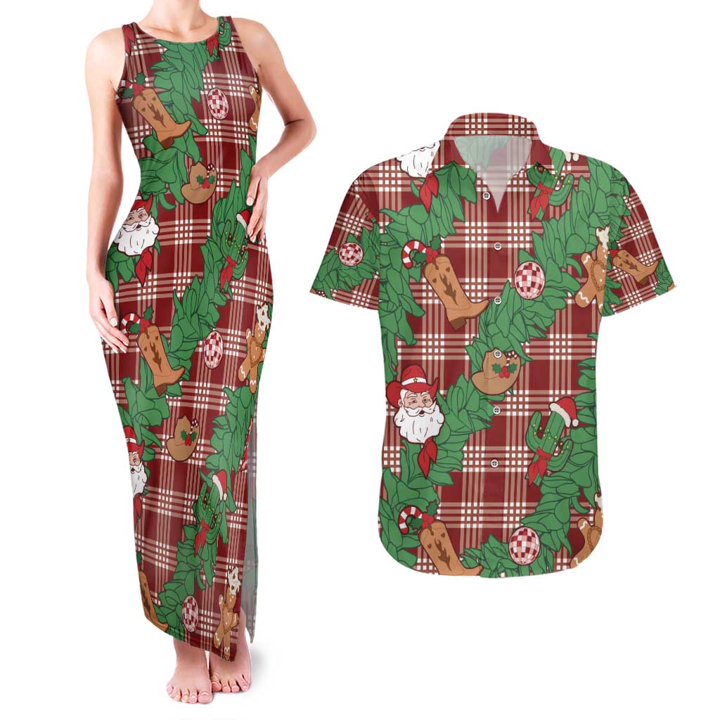 Red Palaka Hawaii Cowboy Christmas Couples Matching Tank Maxi Dress and Hawaiian Shirt Paniolo Mix Maile Lei - Polynesian Pride