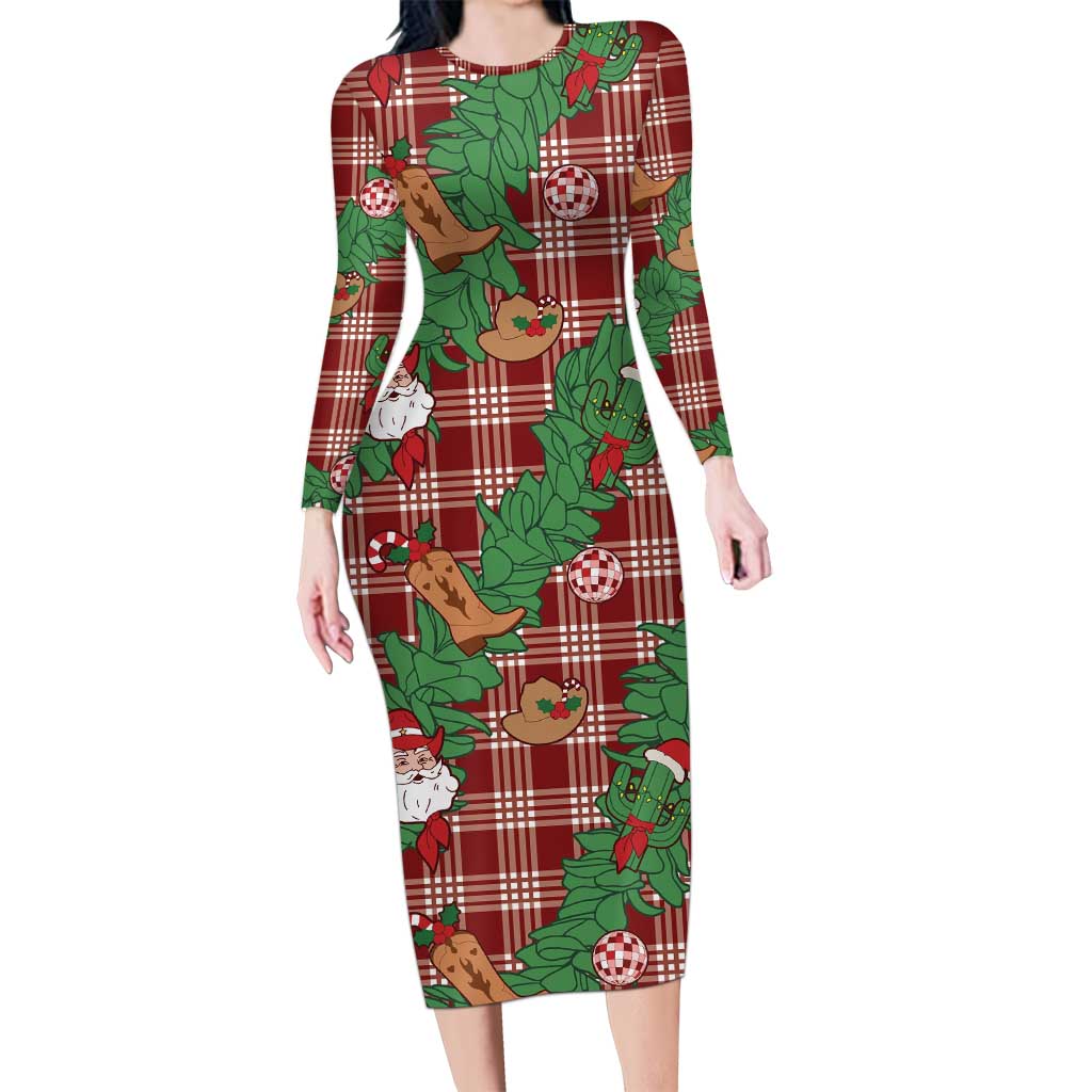 Red Palaka Hawaii Cowboy Christmas Family Matching Long Sleeve Bodycon Dress and Hawaiian Shirt Paniolo Mix Maile Lei LT7 Mom's Dress Red - Polynesian Pride