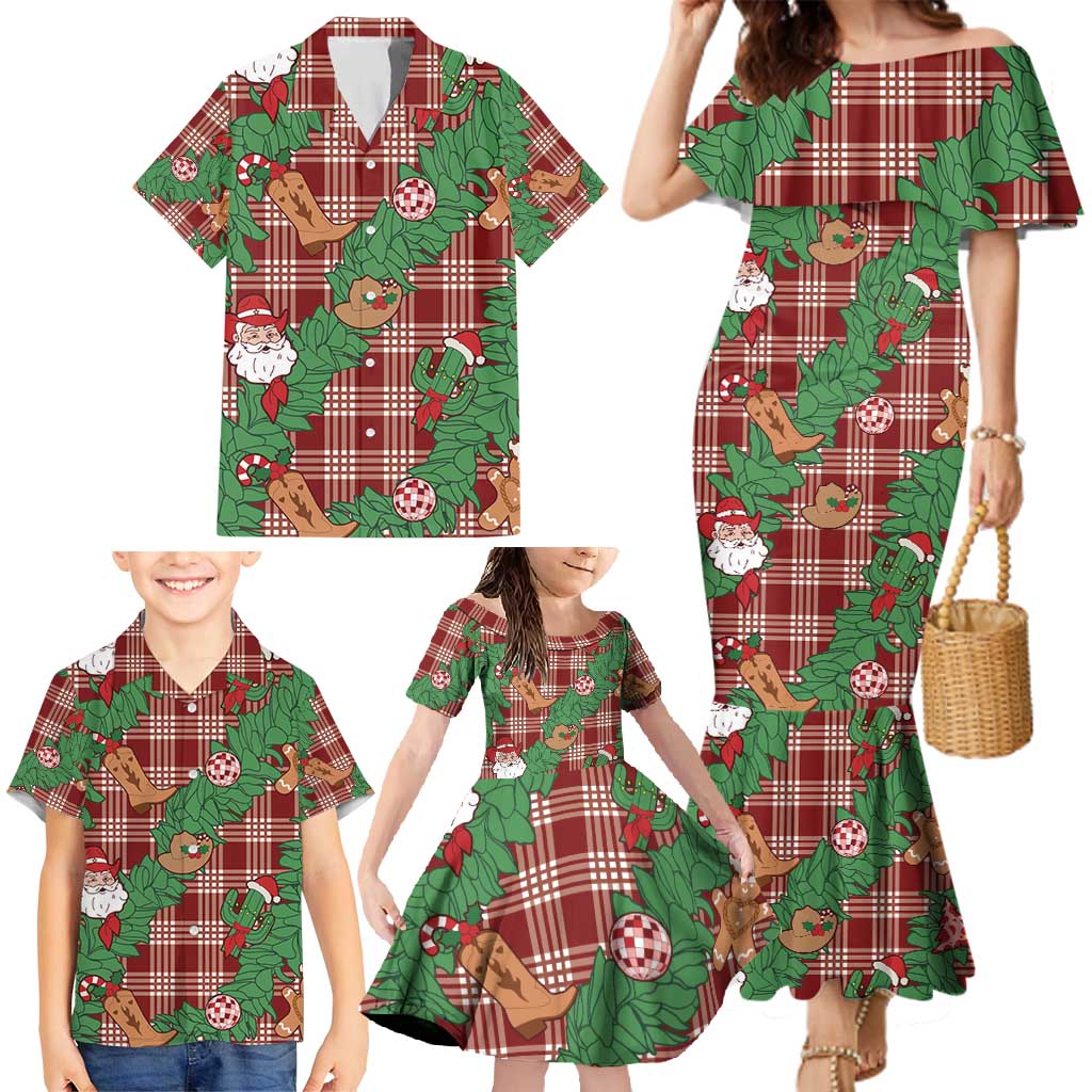 Red Palaka Hawaii Cowboy Christmas Family Matching Mermaid Dress and Hawaiian Shirt Paniolo Mix Maile Lei LT7 - Polynesian Pride
