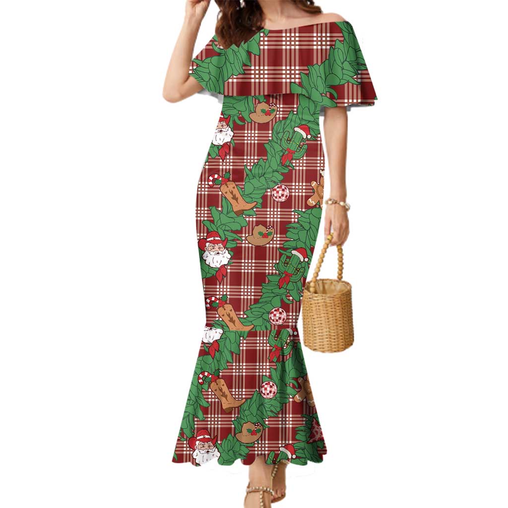 Red Palaka Hawaii Cowboy Christmas Family Matching Mermaid Dress and Hawaiian Shirt Paniolo Mix Maile Lei LT7 Mom's Dress Red - Polynesian Pride