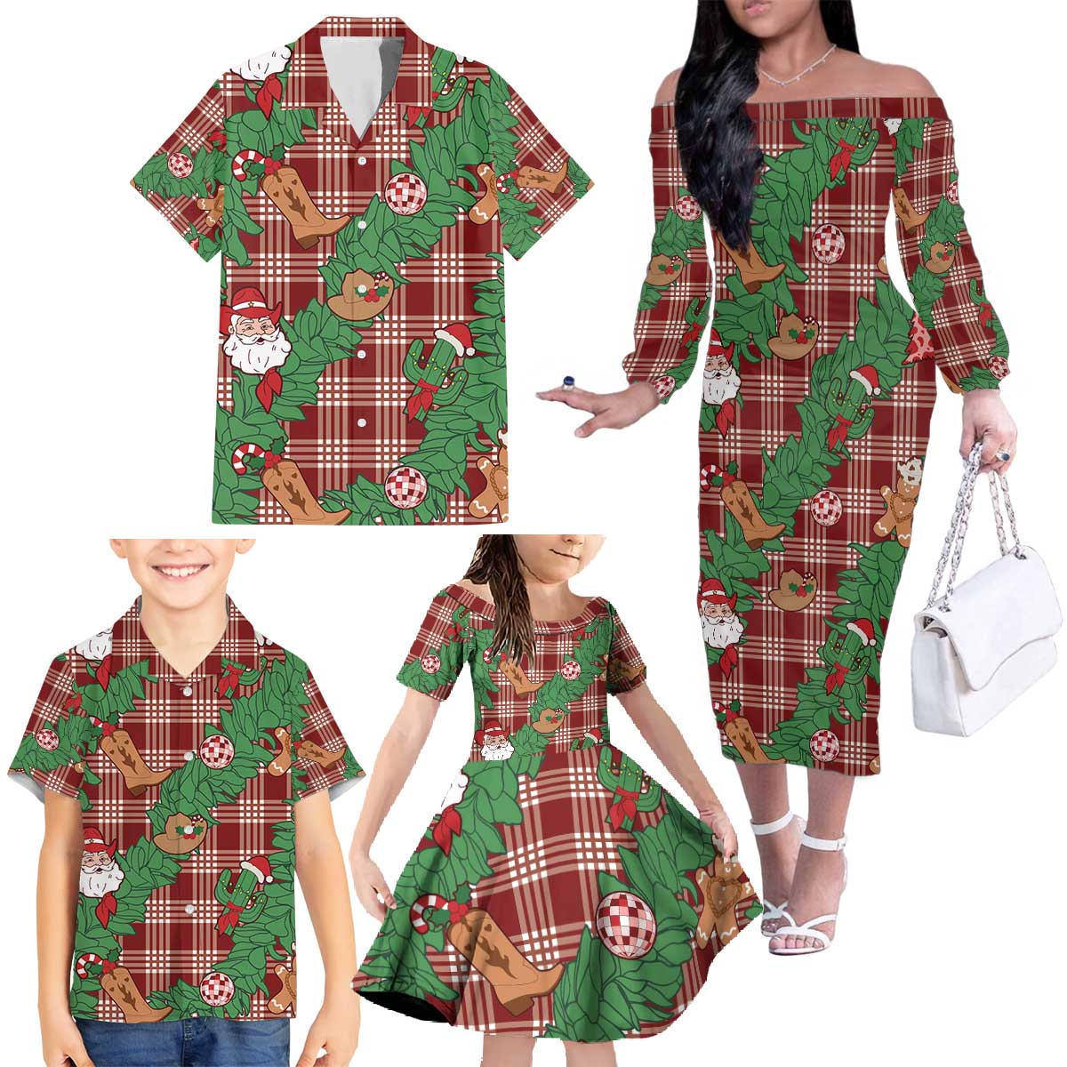 Red Palaka Hawaii Cowboy Christmas Family Matching Off The Shoulder Long Sleeve Dress and Hawaiian Shirt Paniolo Mix Maile Lei LT7 - Polynesian Pride