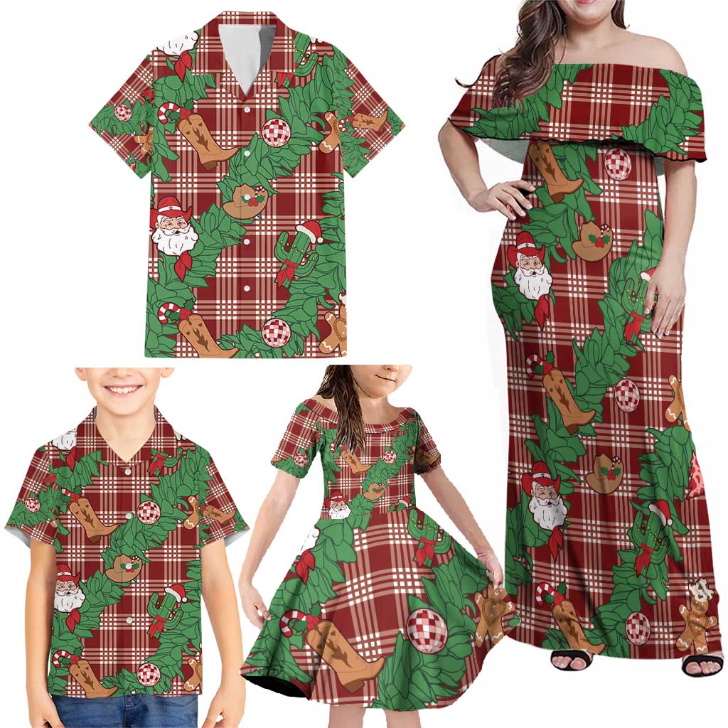 Red Palaka Hawaii Cowboy Christmas Family Matching Off Shoulder Maxi Dress and Hawaiian Shirt Paniolo Mix Maile Lei - Polynesian Pride