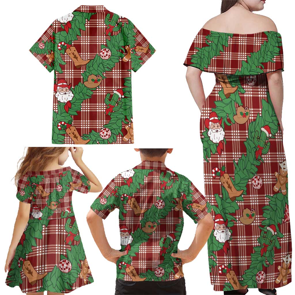 Red Palaka Hawaii Cowboy Christmas Family Matching Off Shoulder Maxi Dress and Hawaiian Shirt Paniolo Mix Maile Lei LT7 - Polynesian Pride