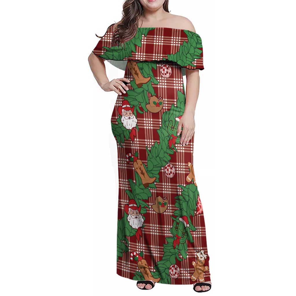 Red Palaka Hawaii Cowboy Christmas Family Matching Off Shoulder Maxi Dress and Hawaiian Shirt Paniolo Mix Maile Lei LT7 Mom's Dress Red - Polynesian Pride