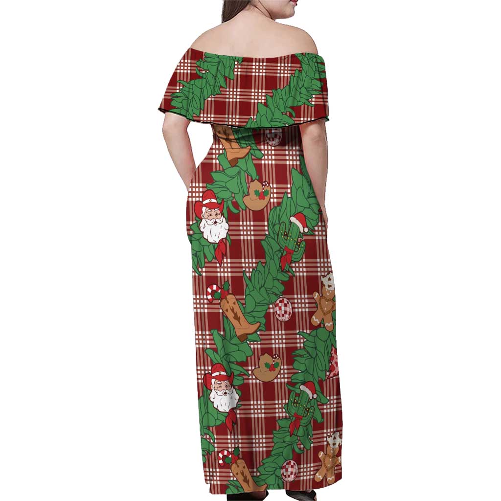 Red Palaka Hawaii Cowboy Christmas Family Matching Off Shoulder Maxi Dress and Hawaiian Shirt Paniolo Mix Maile Lei LT7 - Polynesian Pride