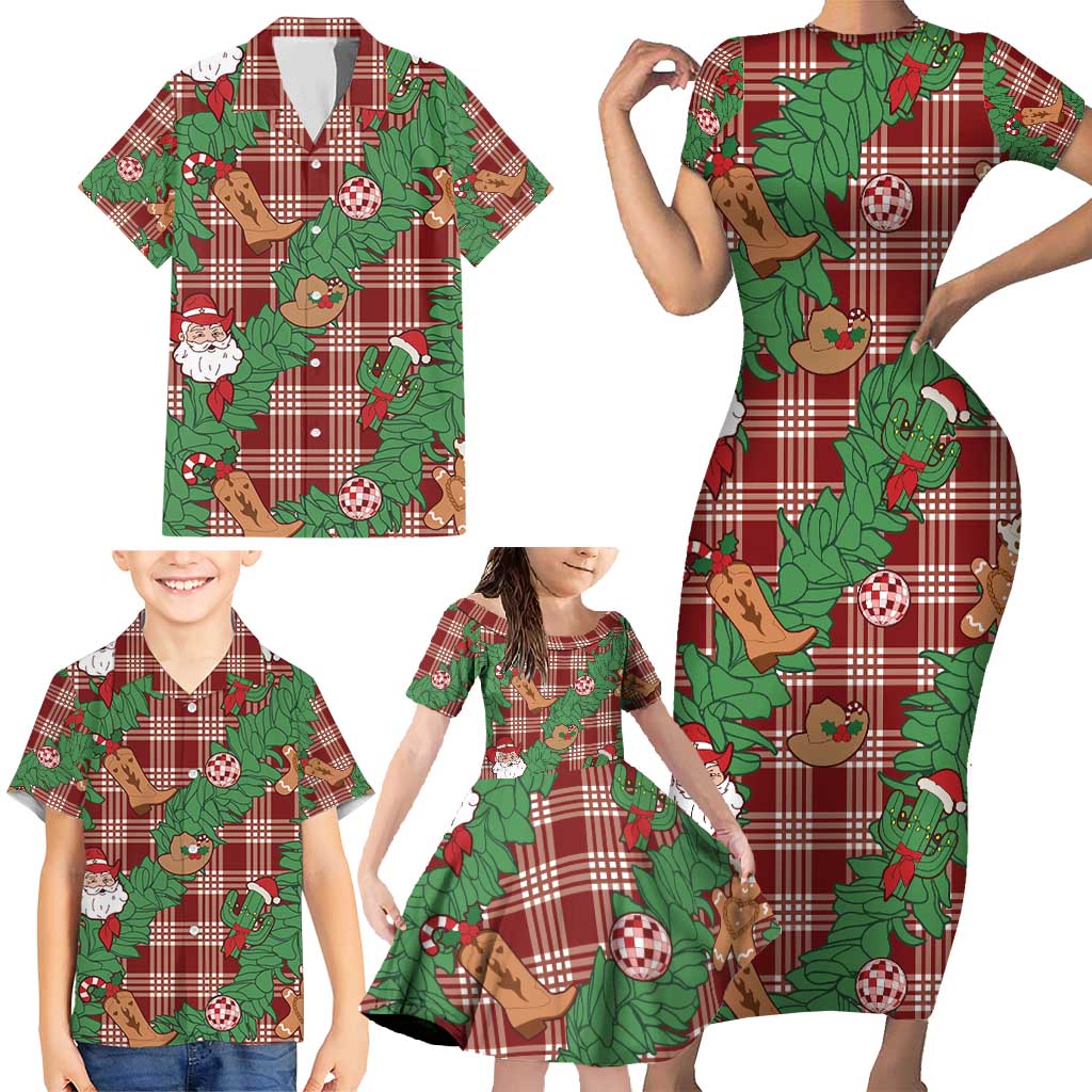 Red Palaka Hawaii Cowboy Christmas Family Matching Short Sleeve Bodycon Dress and Hawaiian Shirt Paniolo Mix Maile Lei LT7 - Polynesian Pride