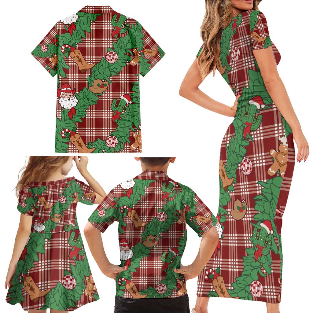 Red Palaka Hawaii Cowboy Christmas Family Matching Short Sleeve Bodycon Dress and Hawaiian Shirt Paniolo Mix Maile Lei LT7 - Polynesian Pride