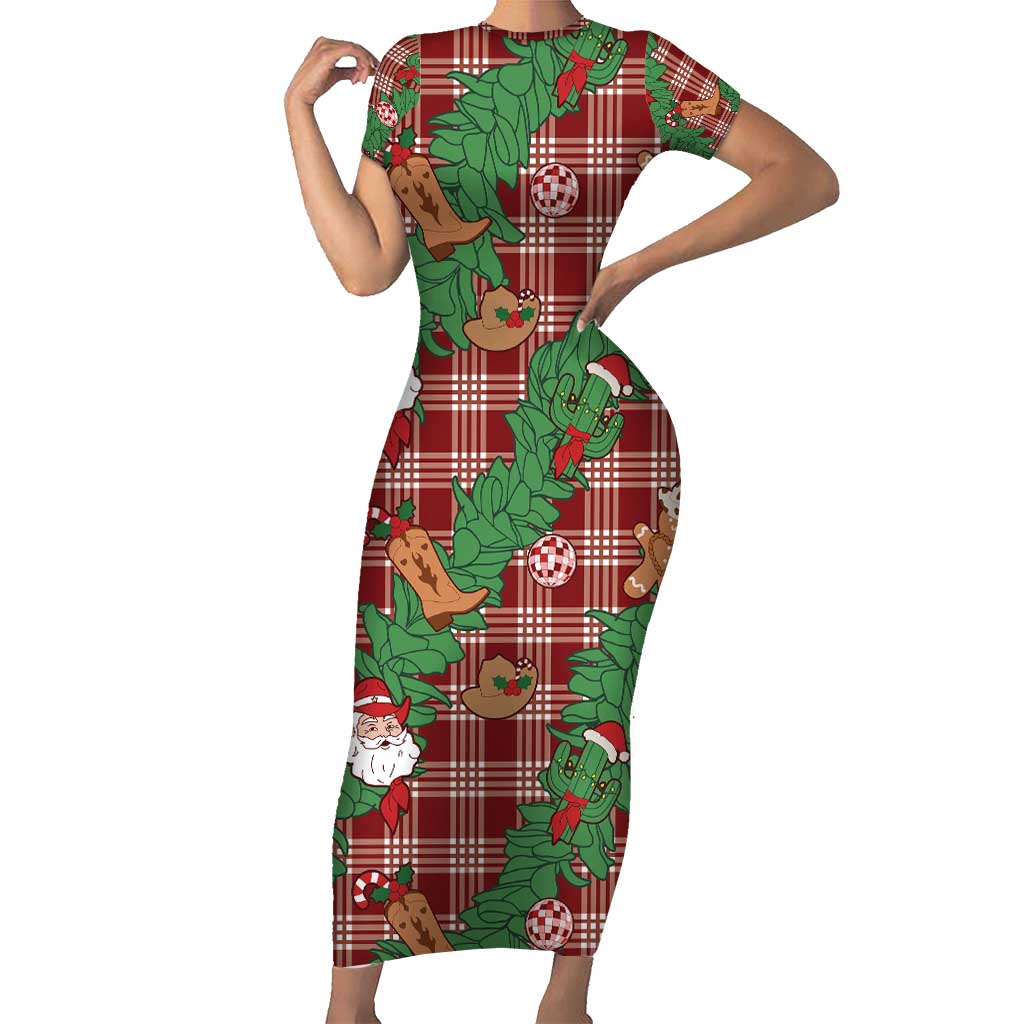 Red Palaka Hawaii Cowboy Christmas Family Matching Short Sleeve Bodycon Dress and Hawaiian Shirt Paniolo Mix Maile Lei LT7 Mom's Dress Red - Polynesian Pride