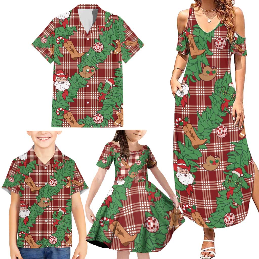 Red Palaka Hawaii Cowboy Christmas Family Matching Summer Maxi Dress and Hawaiian Shirt Paniolo Mix Maile Lei - Polynesian Pride