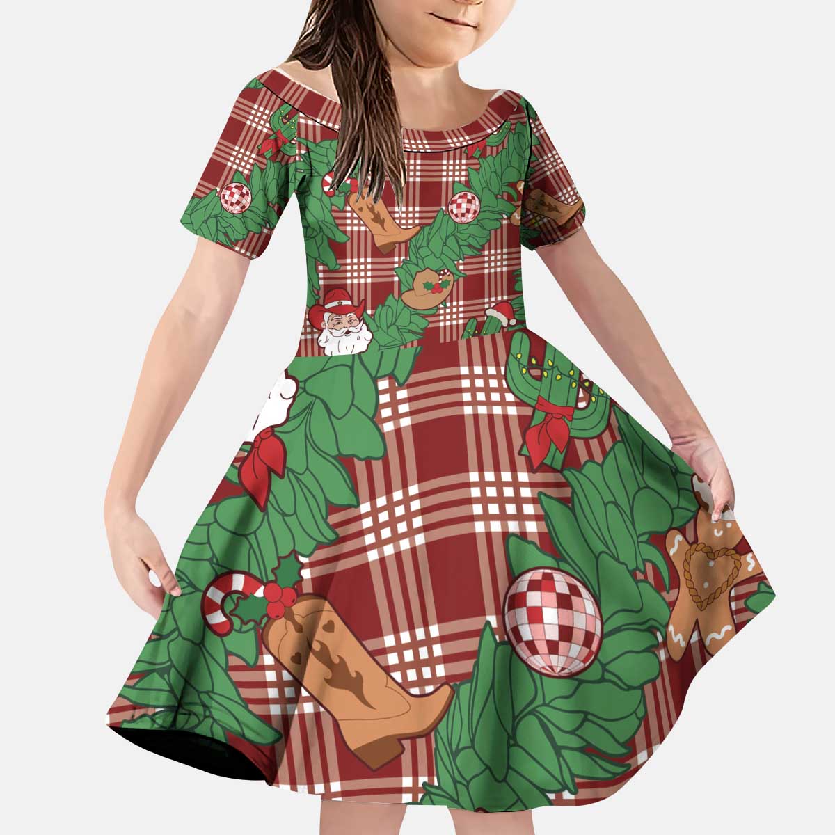 Red Palaka Hawaii Cowboy Christmas Kid Short Sleeve Dress Paniolo Mix Maile Lei - Polynesian Pride