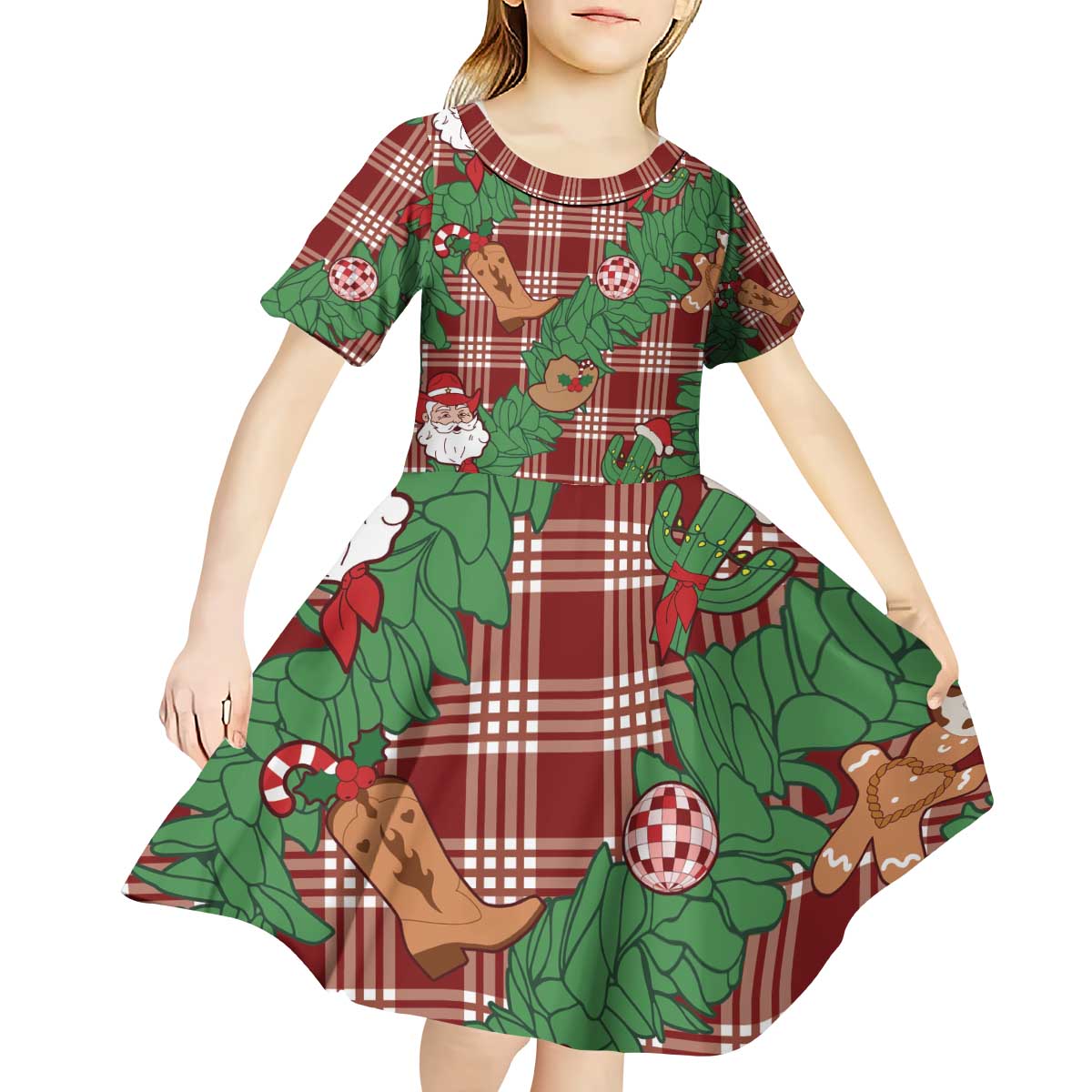 Red Palaka Hawaii Cowboy Christmas Kid Short Sleeve Dress Paniolo Mix Maile Lei - Polynesian Pride