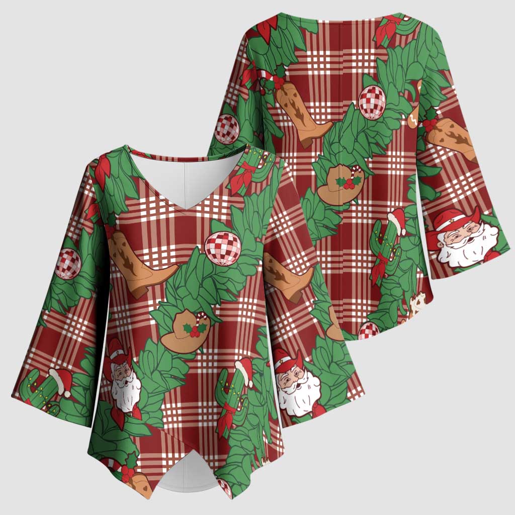 Red Palaka Hawaii Cowboy Christmas Kimono Sleeve Blouse Paniolo Mix Maile Lei - Polynesian Pride