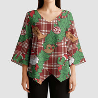Red Palaka Hawaii Cowboy Christmas Kimono Sleeve Blouse Paniolo Mix Maile Lei - Polynesian Pride