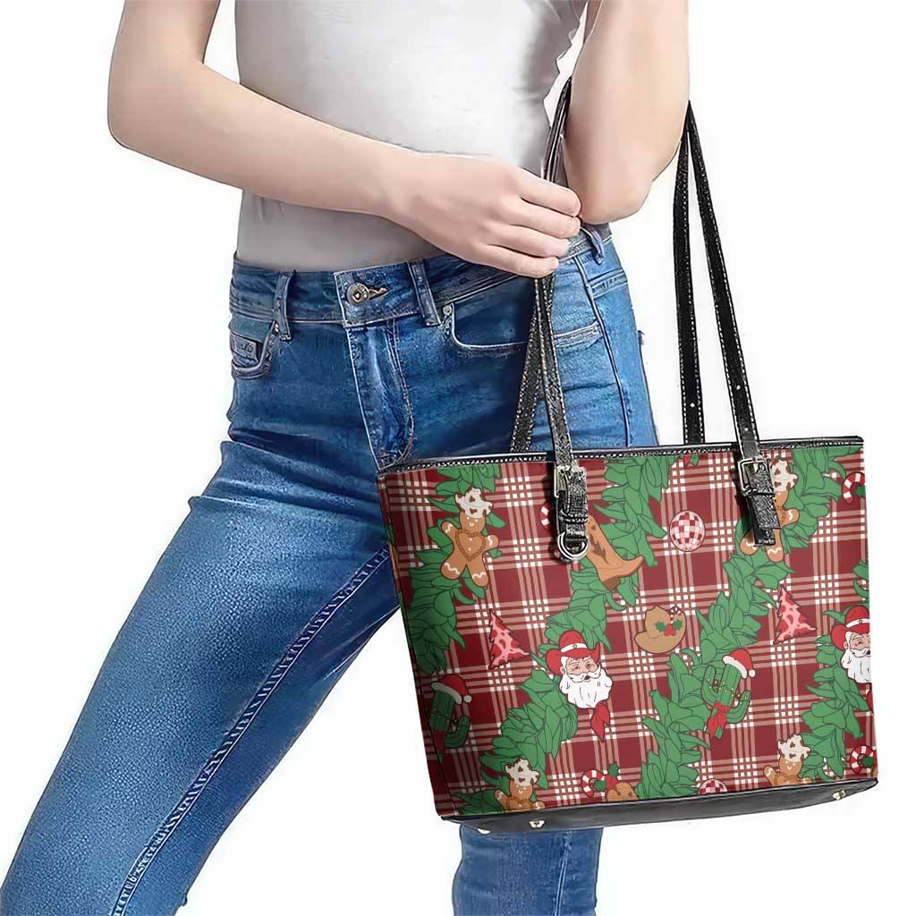 Red Palaka Hawaii Cowboy Christmas Leather Tote Bag Paniolo Mix Maile Lei - Polynesian Pride