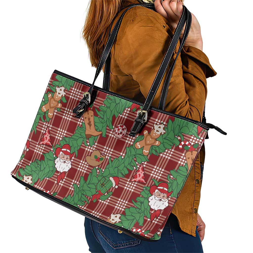 Red Palaka Hawaii Cowboy Christmas Leather Tote Bag Paniolo Mix Maile Lei - Polynesian Pride