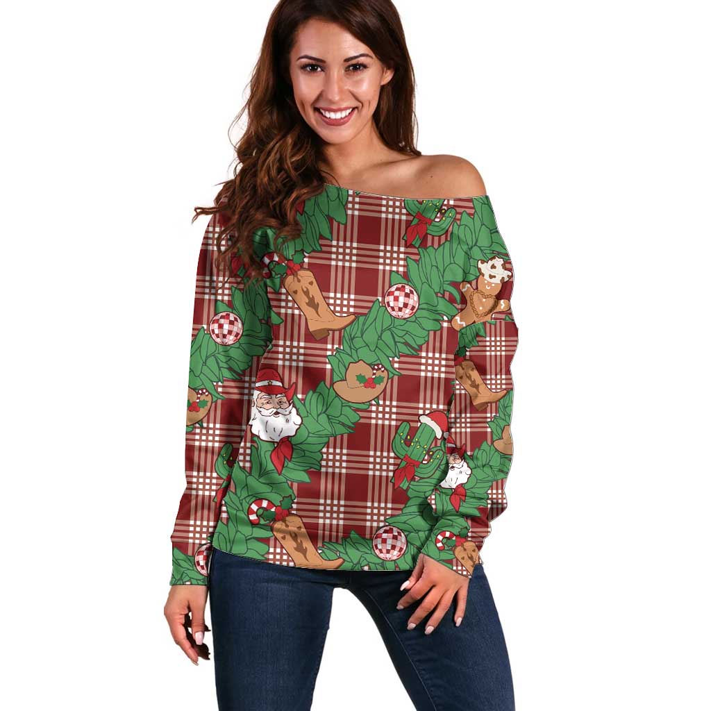 Red Palaka Hawaii Cowboy Christmas Off Shoulder Sweater Paniolo Mix Maile Lei LT7 Women Red - Polynesian Pride