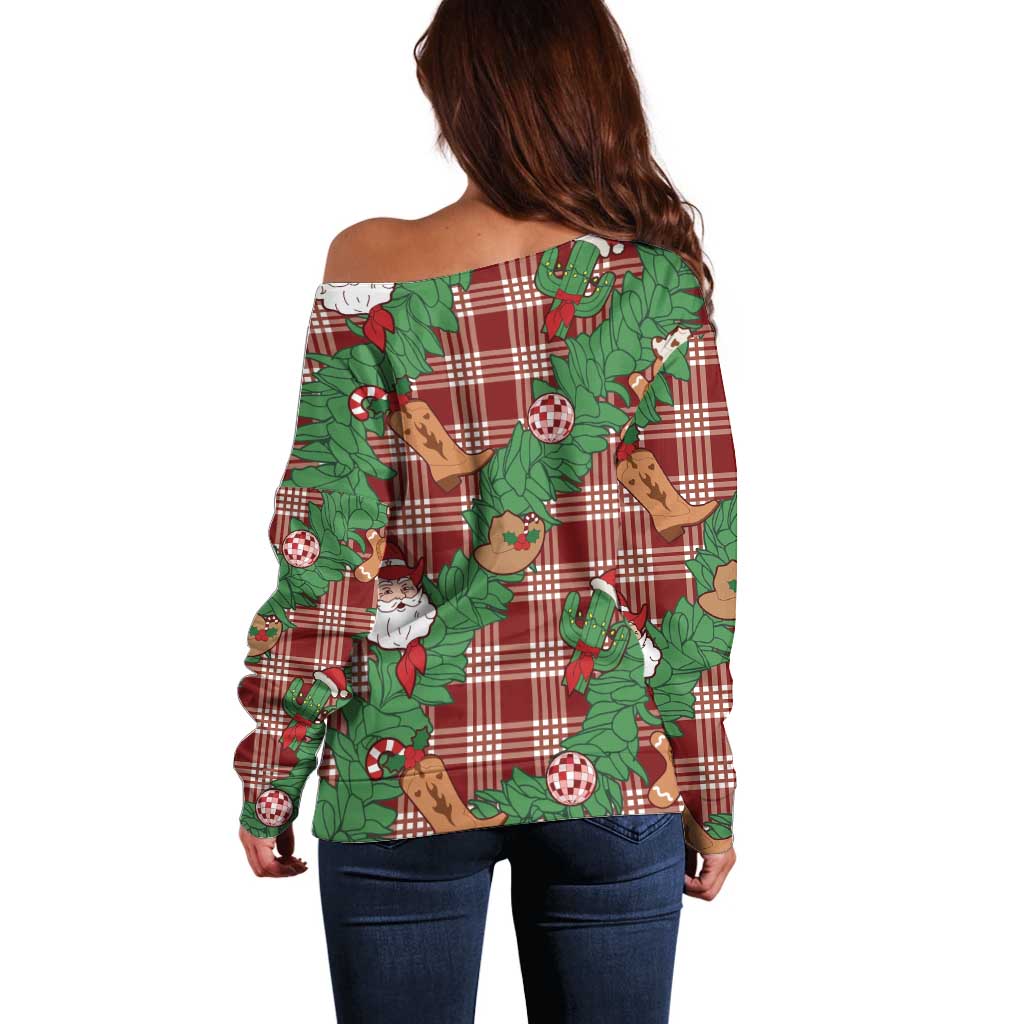 Red Palaka Hawaii Cowboy Christmas Off Shoulder Sweater Paniolo Mix Maile Lei LT7 - Polynesian Pride