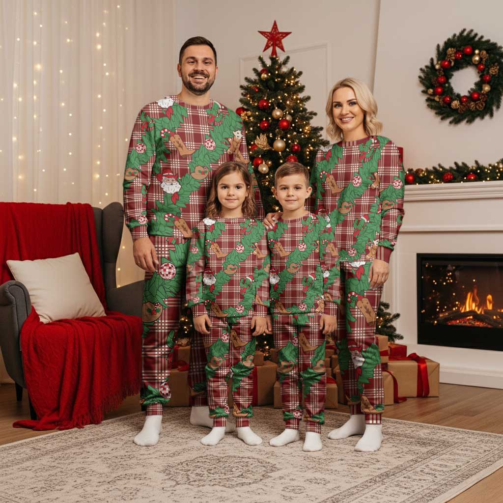 Red Palaka Hawaii Cowboy Christmas Pajama Set Paniolo Mix Maile Lei - Polynesian Pride