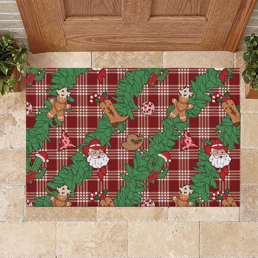 Red Palaka Hawaii Cowboy Christmas Rubber Doormat Paniolo Mix Maile Lei - Polynesian Pride