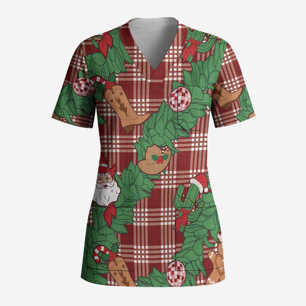 Red Palaka Hawaii Cowboy Christmas Scrub Top Paniolo Mix Maile Lei - Polynesian Pride