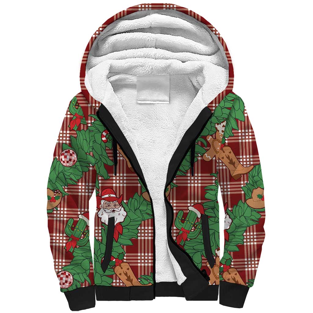 Red Palaka Hawaii Cowboy Christmas Sherpa Hoodie Paniolo Mix Maile Lei - Polynesian Pride
