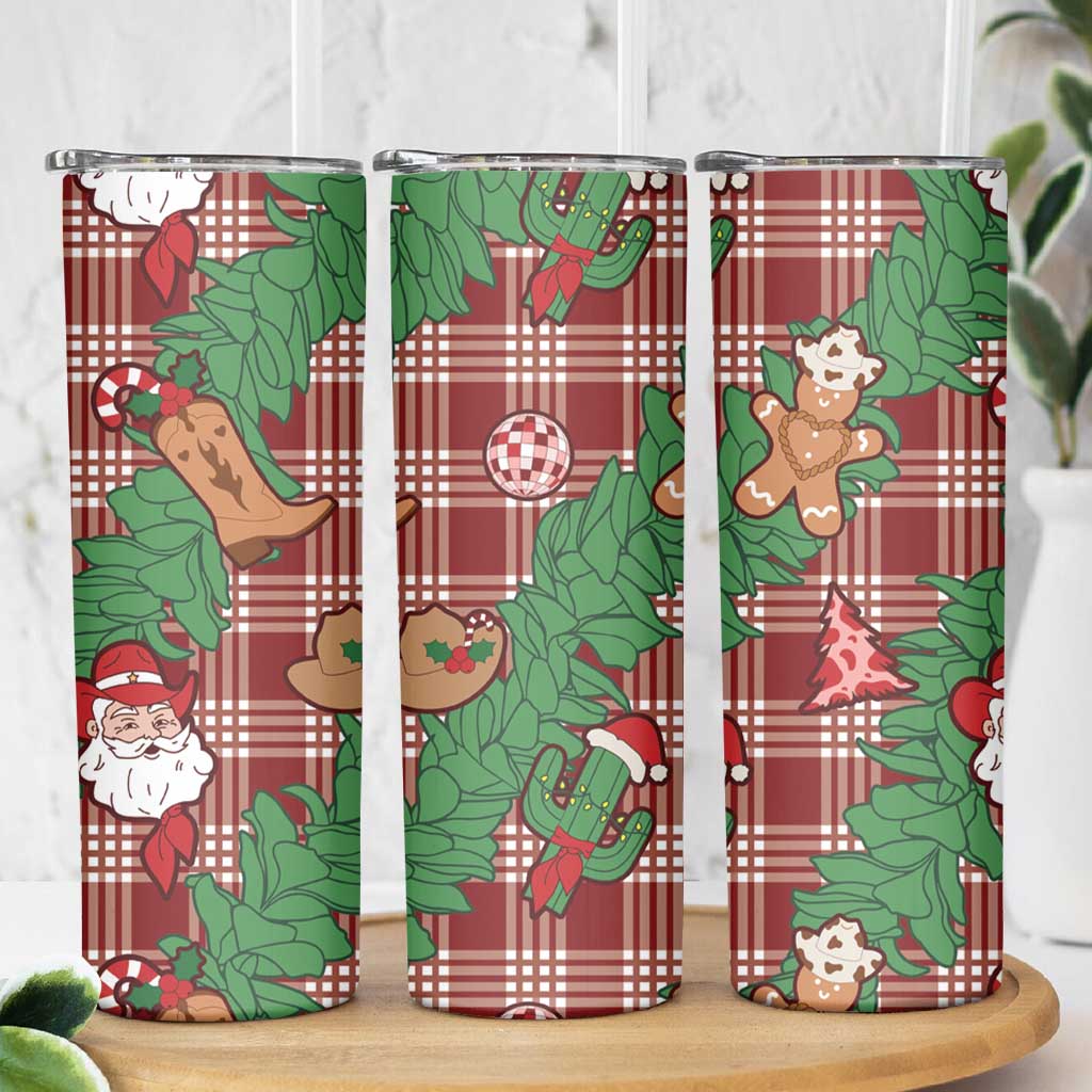 Red Palaka Hawaii Cowboy Christmas Skinny Tumbler Paniolo Mix Maile Lei - Polynesian Pride