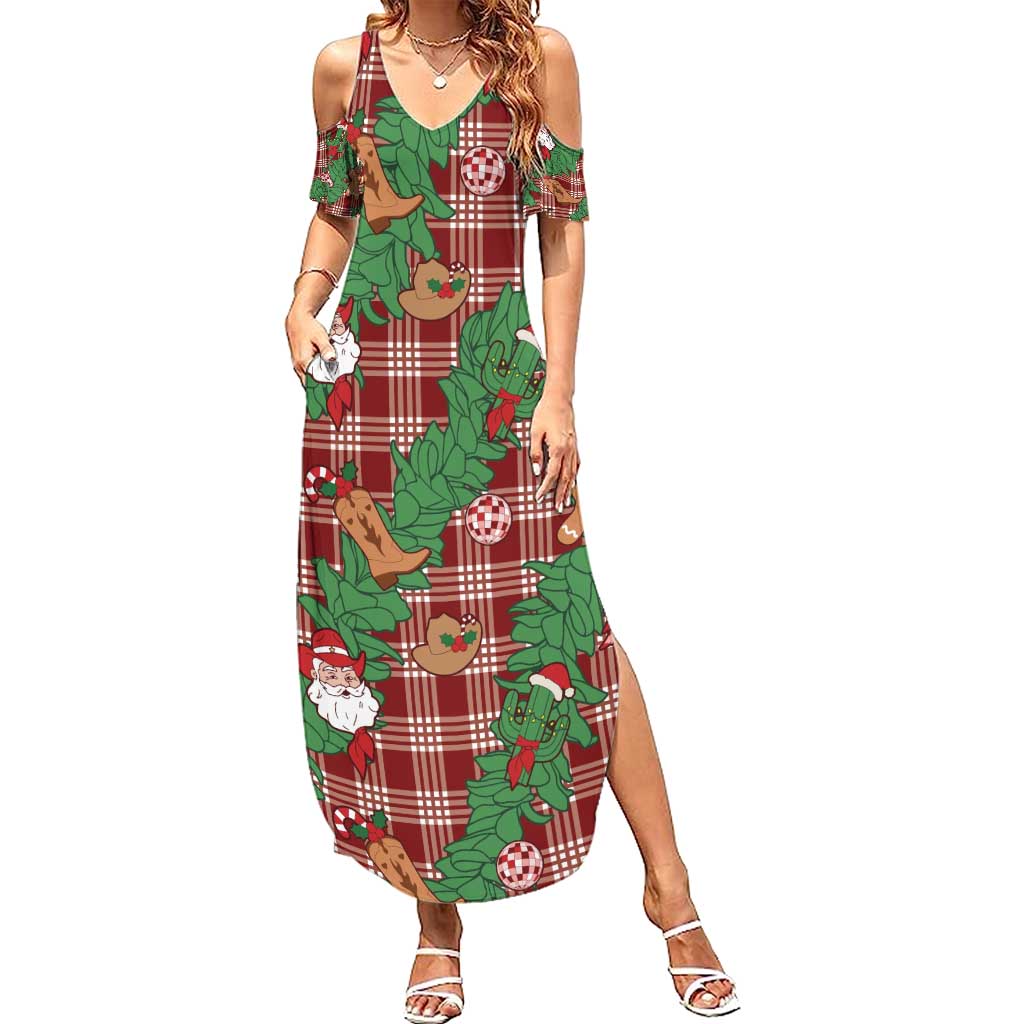 Red Palaka Hawaii Cowboy Christmas Summer Maxi Dress Paniolo Mix Maile Lei - Polynesian Pride