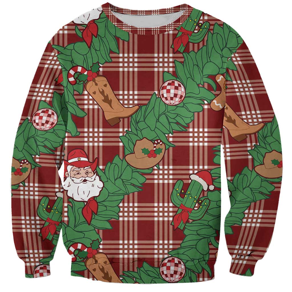 Red Palaka Hawaii Cowboy Christmas Sweatshirt Paniolo Mix Maile Lei - Polynesian Pride