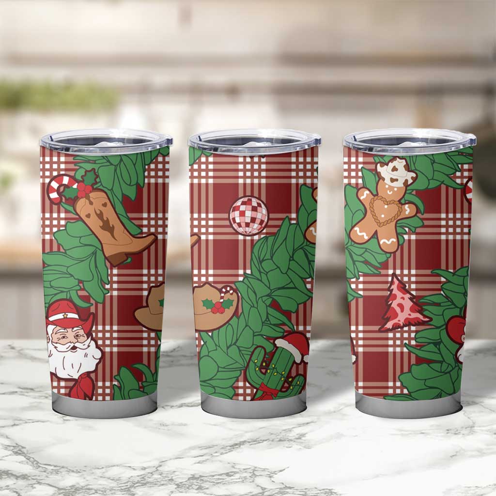 Red Palaka Hawaii Cowboy Christmas Tumbler Cup Paniolo Mix Maile Lei - Polynesian Pride